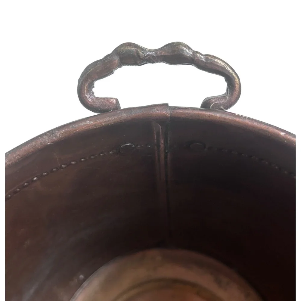 Vintage Solid Copper Bucket Wine Chiller Planter Beaded Trim Shell Handles 9